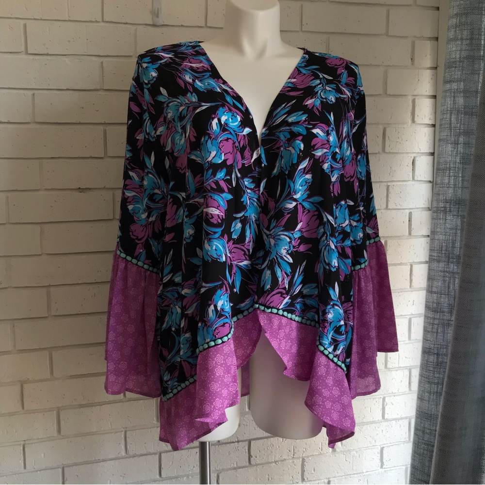 The Pioneer Woman Flounce Sleeve Topper Open Front Floral Top
